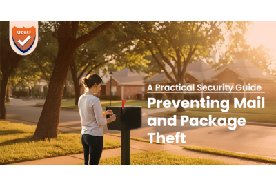 A woman checks her residential mailbox along a sunny suburban street lined with trees and houses. The image includes a badge icon labeled “Secure” and the headline text “A Practical Security Guide – Preventing Mail and Package Theft.