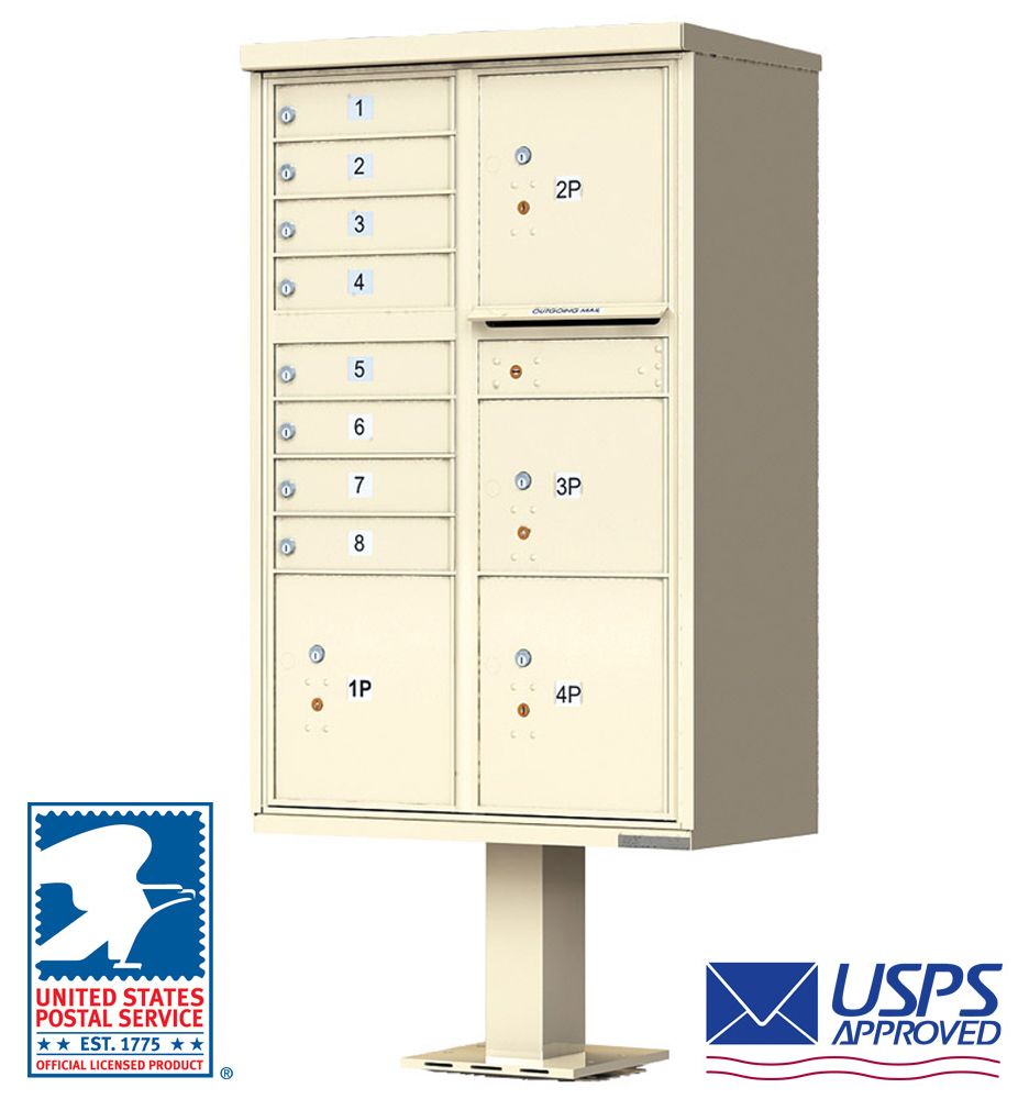 8 Door Cluster Mailbox with 4 Parcel Lockers - USPS Approved - Pedestal Included