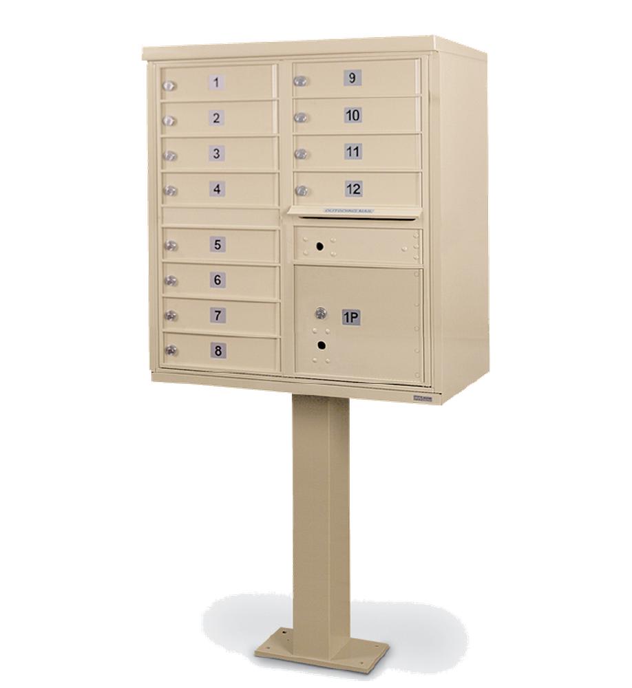 USPS-Approved Postal Products 12 Door F-Spec Cluster Mailbox CBU with 1 Parcel Locker, Standard Numbering and Pedestal Included