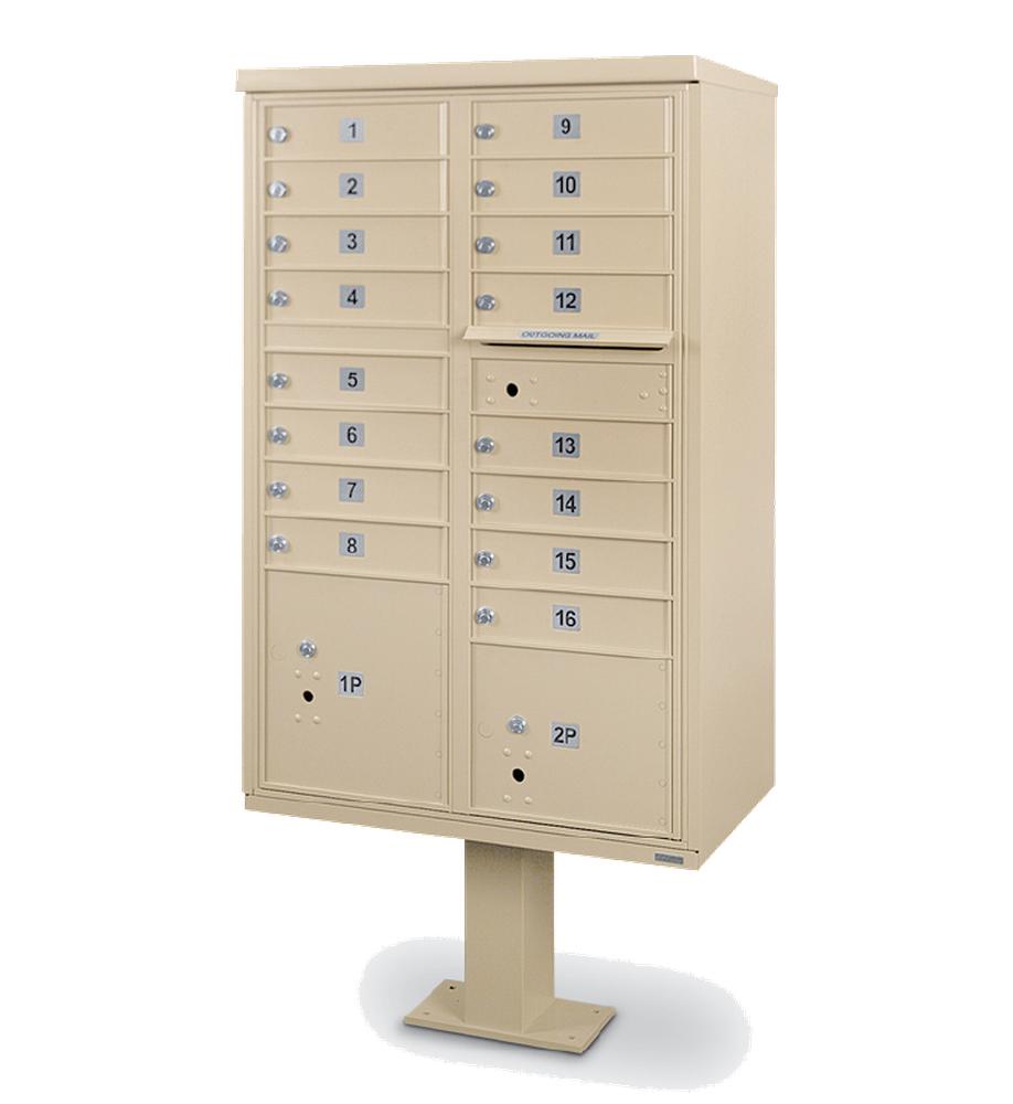 16 Door F-Spec Cluster Mailbox CBU with 2 Parcel Lockers, Standard Numbering and Pedestal Included by Postal Products Unlimited- USPS Approved