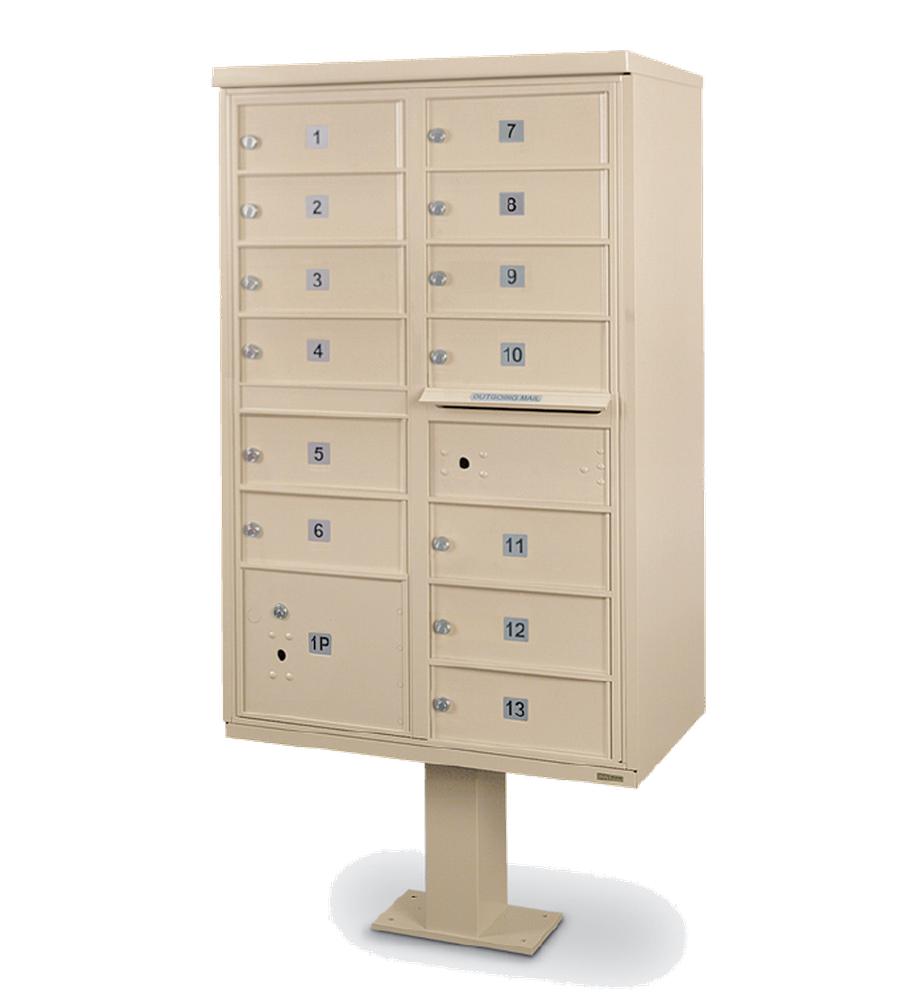 13 Door F-Spec Cluster Mailbox CBU with 1 Parcel Locker, Standard Numbering and Pedestal Included by Postal Products  Unlimited - USPS Approved
