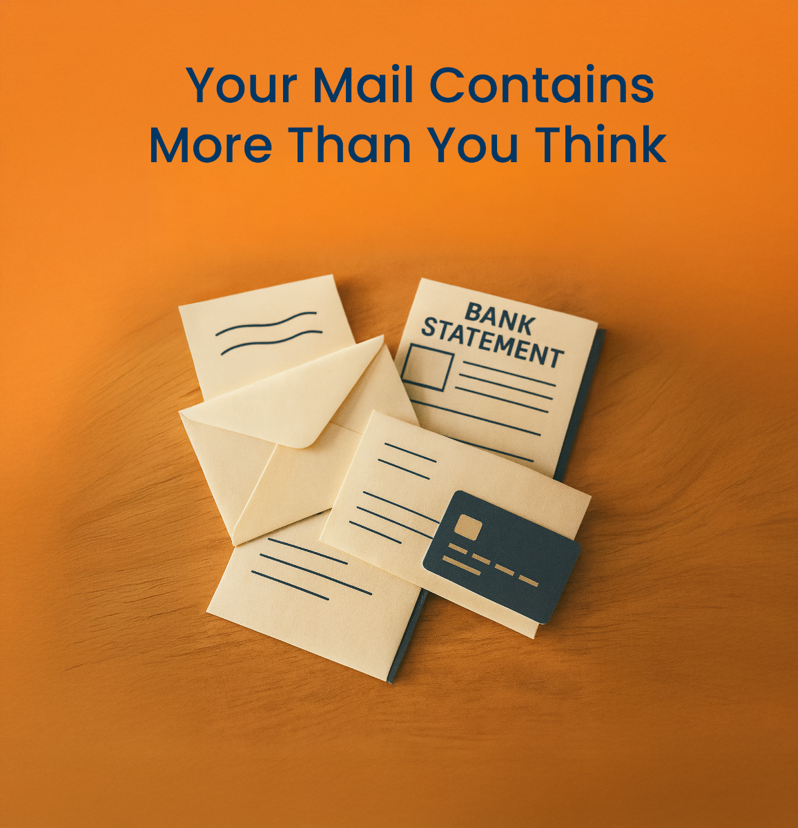 A set of envelopes, a credit card, and a bank statement arranged on a wooden surface with an orange background. The text above reads “Your Mail Contains More Than You Think,” emphasizing the importance of protecting sensitive mail.